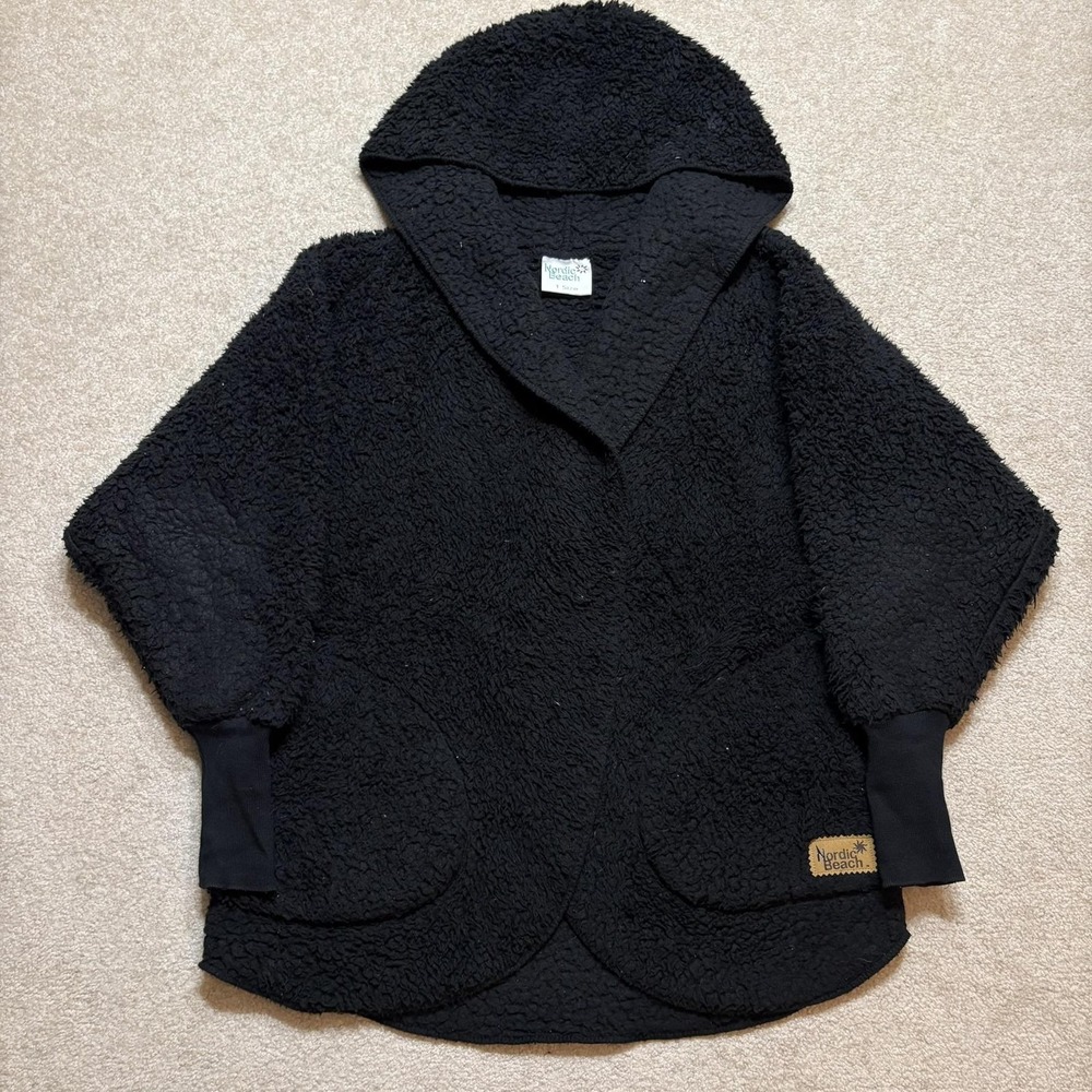 Nordic Beach Body Wrap Womens One Size Black Sherpa Fleece Hooded Poncho Cozy